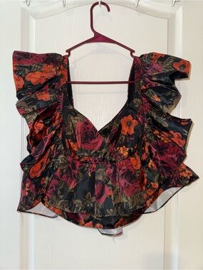Buddy Love Black Floral Ruffle V-Neck Top with Red and Orange Blooms